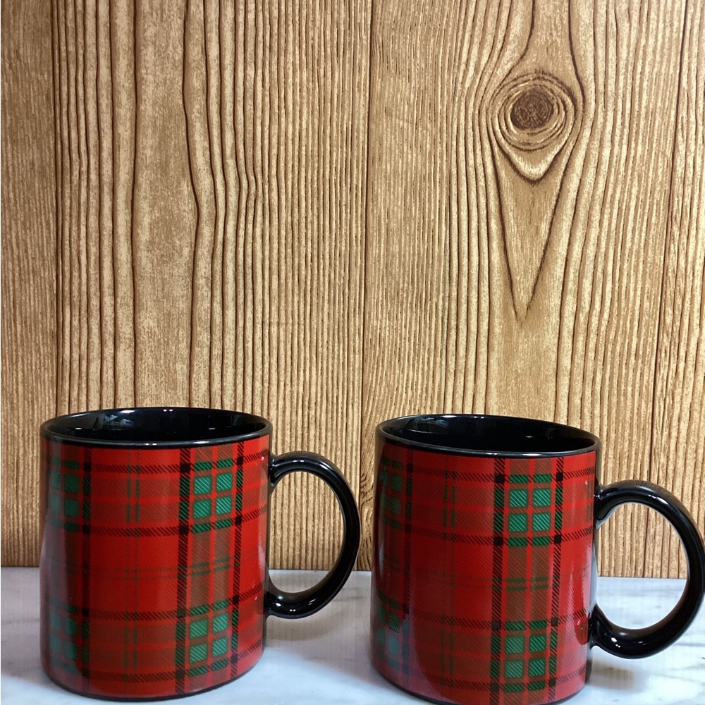 Vintage Pier One Glen Plaid Red and Green Ceramic Mugs made in Japan